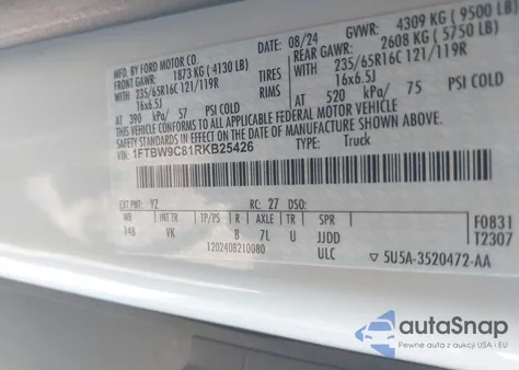 2024 Ford Transit-350 из США, поврежденный, VIN 1FTBW9C81RKB25426